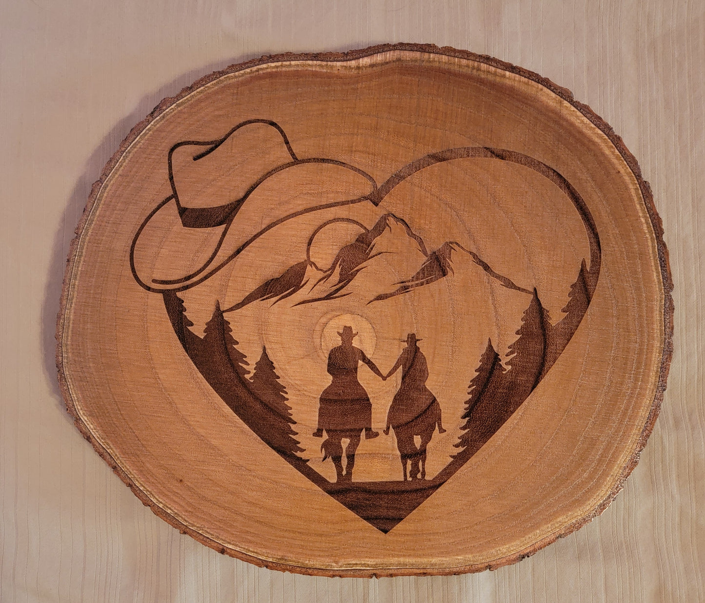 Live Edge Round Wood Slab / Couple Holding Hands on Horseback