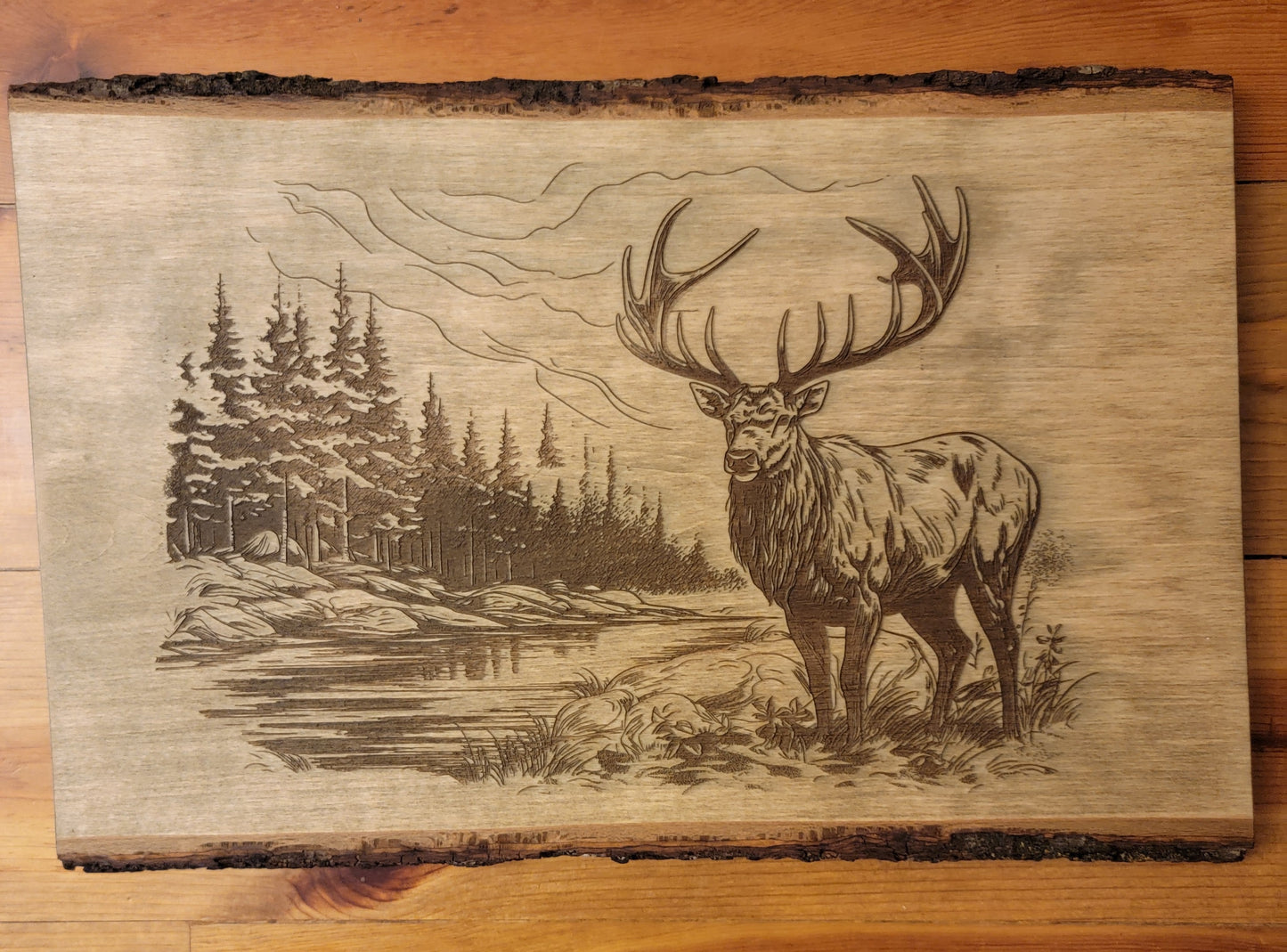 Live Edge Wood Slab / Elk Standing by River