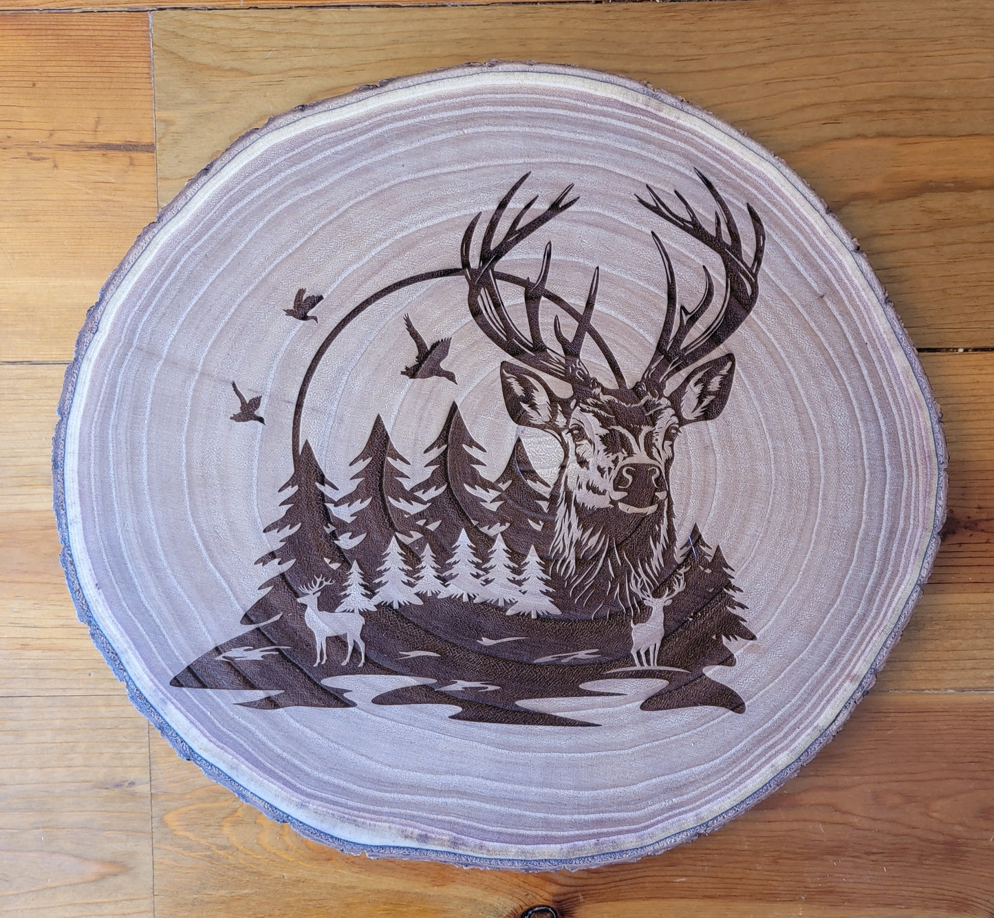 Live Edge Round Wood Slab / Deer Image