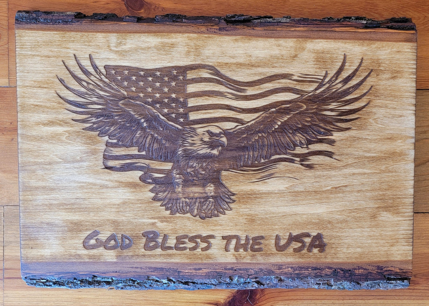 Live Edge Wood Slab / Eagle with American Flag